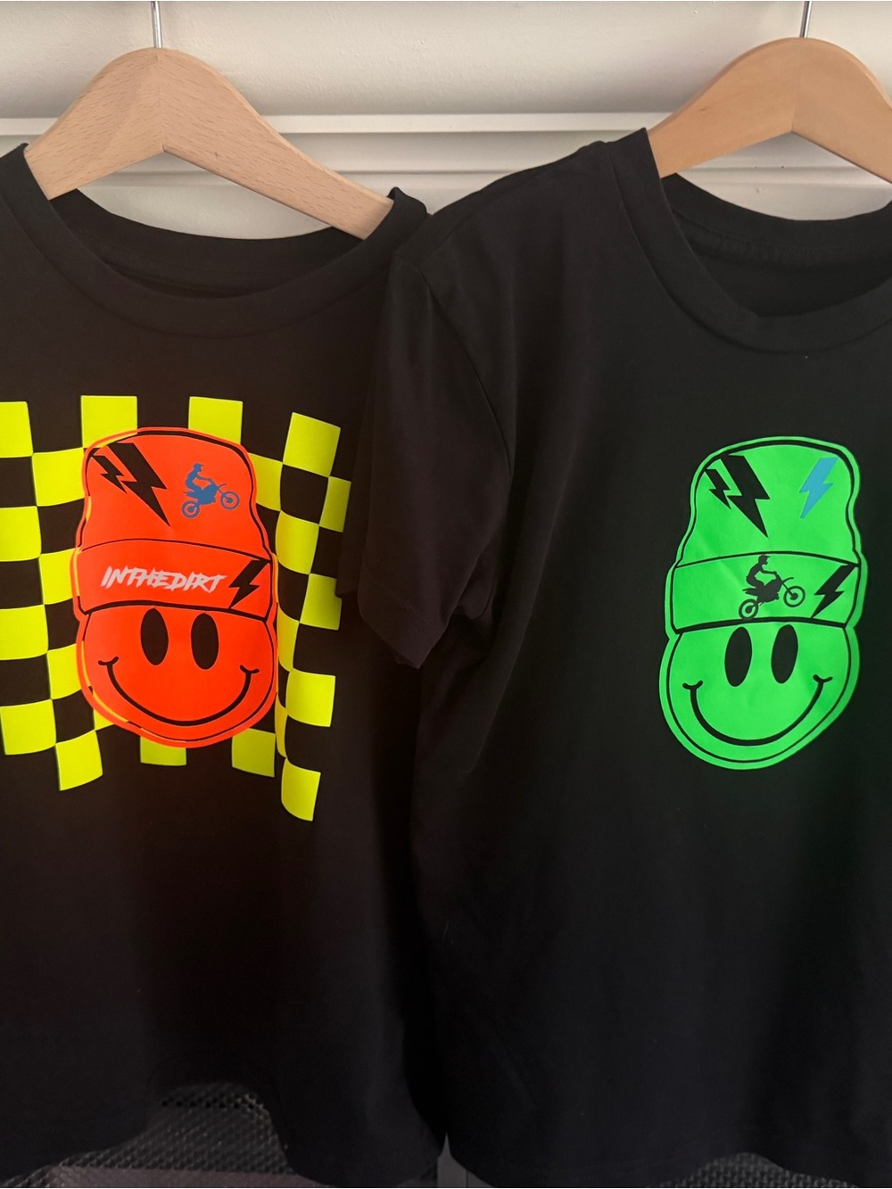 Kids Black Short-Sleeve Tee with Neon Orange and Neon Green Smiley Graphics